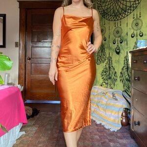 Sleek Orange Satin Slip Dress